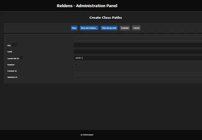 Admin Panel - Create Class Paths form with Key, Label, Levels Set ID and Enabled