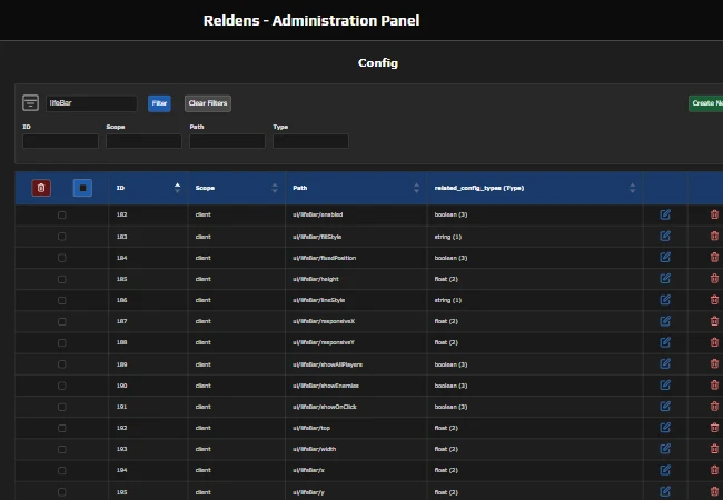 Admin Panel - Config list filtered by lifeBar with the life bar rows