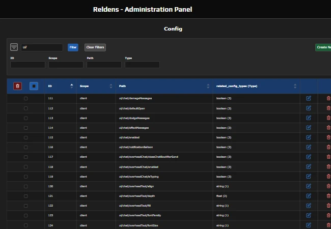 Admin Panel - Config list filtered by ui/ with the client UI visibility rows