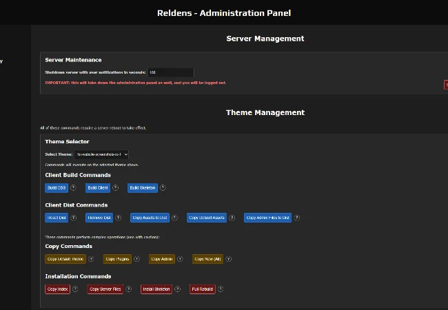 Admin Panel - Control Panel with the server maintenance and the theme commands