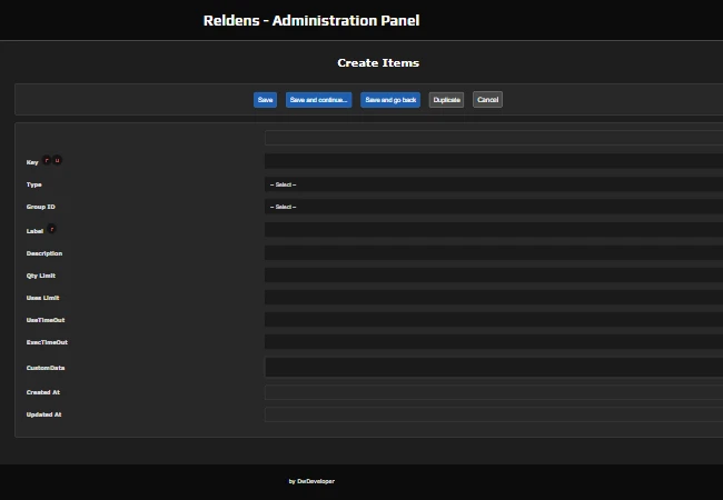 Admin Panel - Create new item form