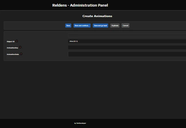 Admin Panel - Create new object animation form