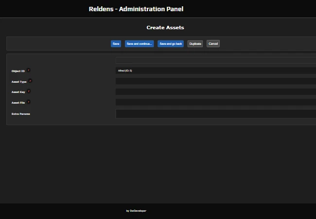 Admin Panel - Create object asset form with the object, asset type, asset key, asset file and extra params fields