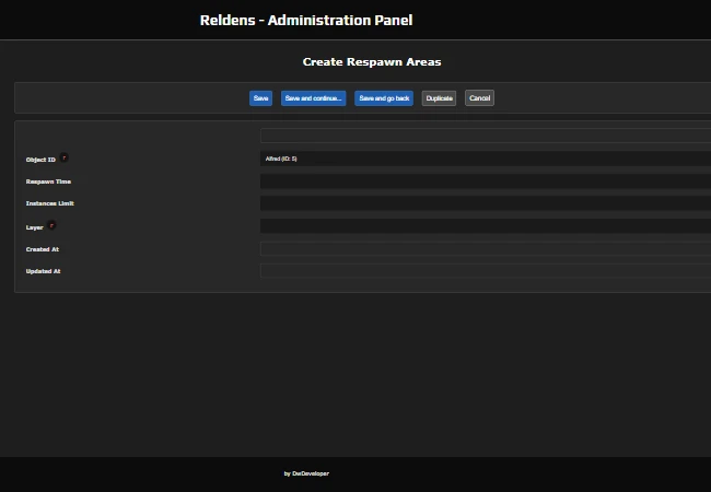 Admin Panel - Create new respawn area form