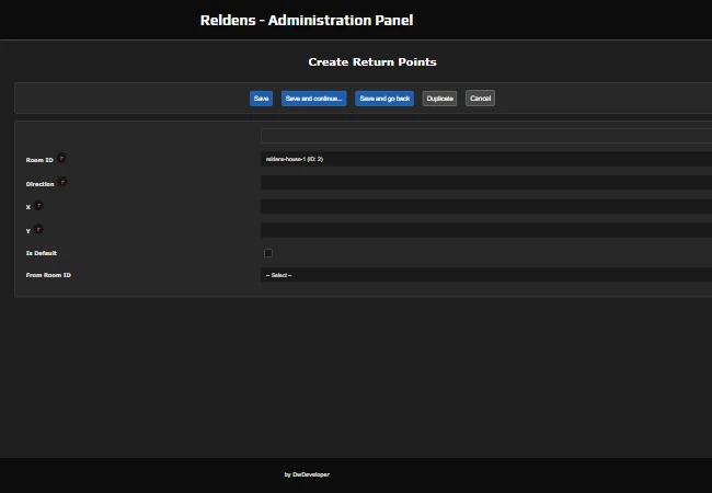Reldens - Administration panel, create return point