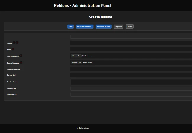 Admin Panel - Create room form with the name, title, map filename and scene images fields