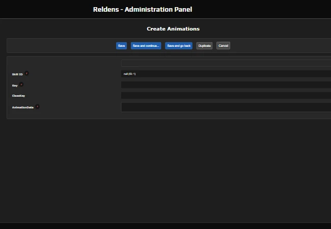 Admin Panel - Create Animations form with Skill ID, Key, ClassKey and AnimationData