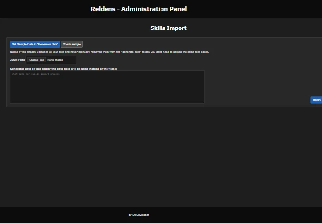 Admin Panel - Skills Import wizard with the sample buttons, JSON Files and Generator data