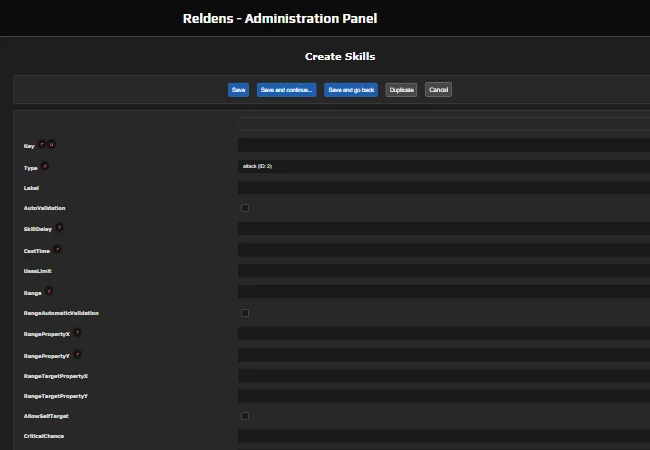 Admin Panel - Create new skill form