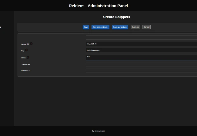 Admin Panel - Create Snippets form with the chat tab key