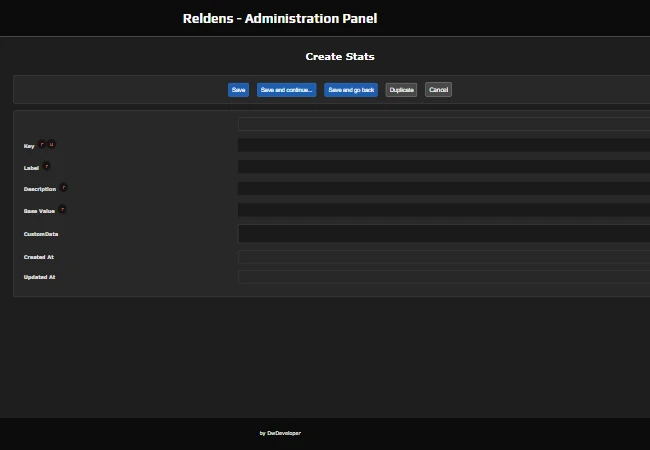 Admin Panel - Create stat form with the key, label, description and base value fields