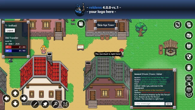 Reldens - Chat box with room, private, team and system messages, and the message over the player head