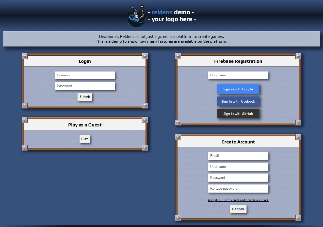 Reldens - Login page with the Firebase Registration box